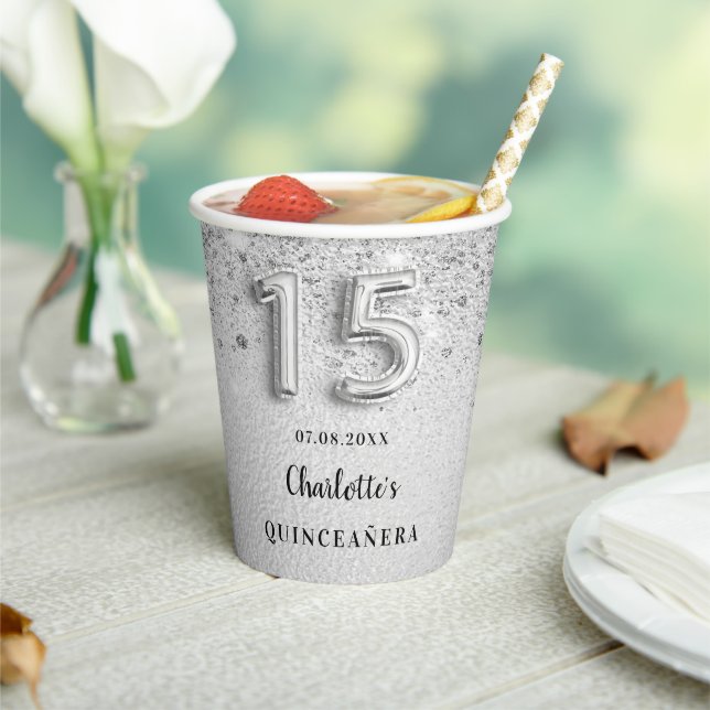 Quinceanera silver glitter name elegant party paper cups (Insitu)