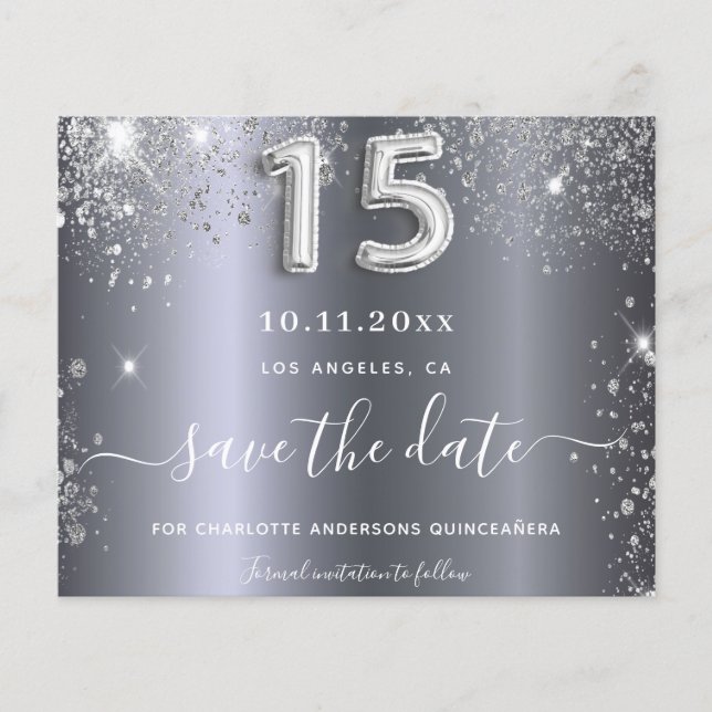 Quinceanera silver glitter save the date (Front)