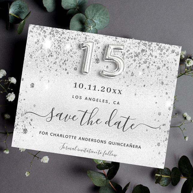 Quinceanera silver glitter sparkles save the date flyer (Creator Uploaded)