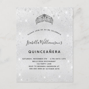 Quinceanera silver glitter tiara crown invitation postcard
