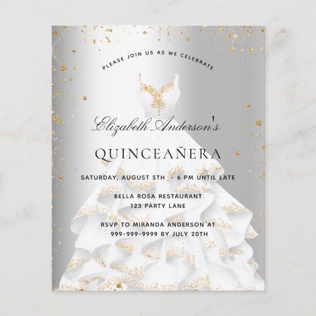 Quinceanera silver gold dress budget invitation flyer (Front)