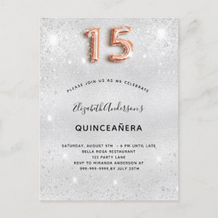 Quinceanera silver metal rose gold glitter dust invitation postcard