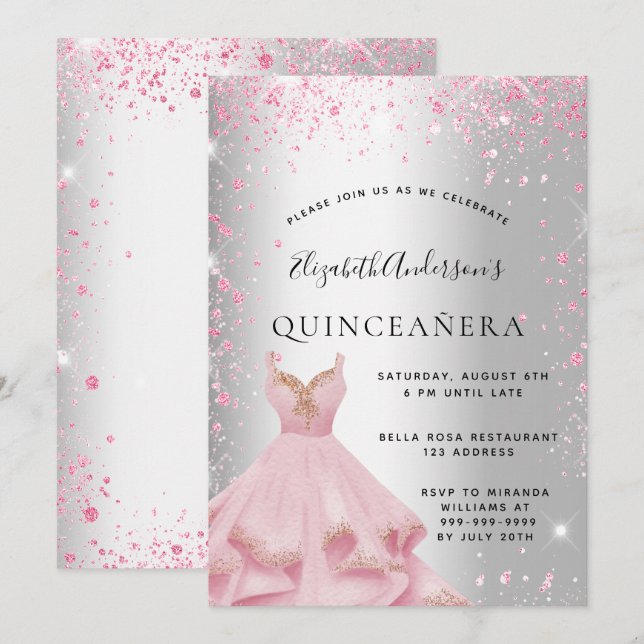 Quinceanera silver pink dress glitter dust invitation (Front/Back)
