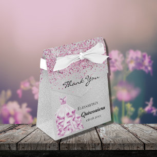Quinceanera silver pink glitter dress thank you favor box