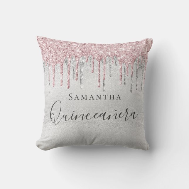 Quinceanera silver pink glitter drip monogram name throw pillow (Front)