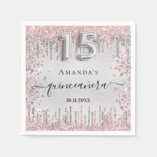 Quinceanera silver pink glitter drips name napkin