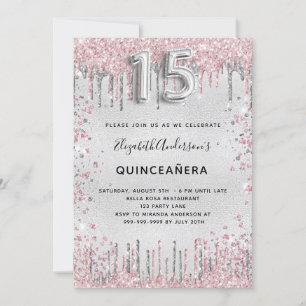 Quinceanera silver pink glitter invitation