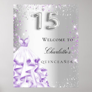 Quinceanera silver purple glitter dress welcome poster