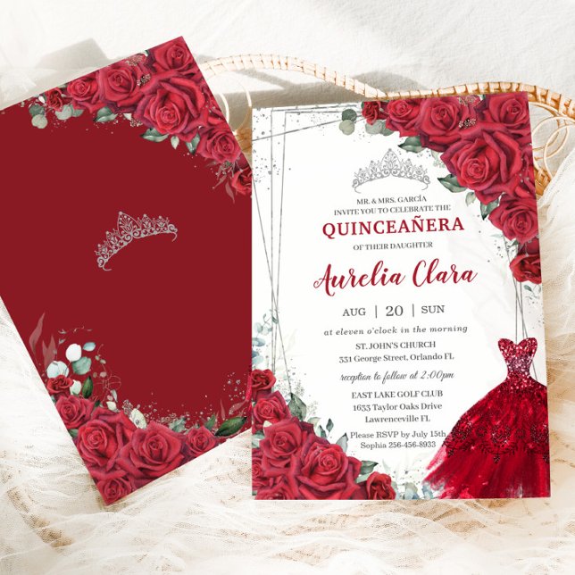 Quinceañera Silver Red Roses Floral Dress Gown Invitation (Creator Uploaded)