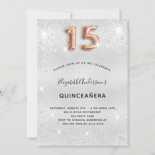 Quinceanera silver rose gold glitter glamourous invitation