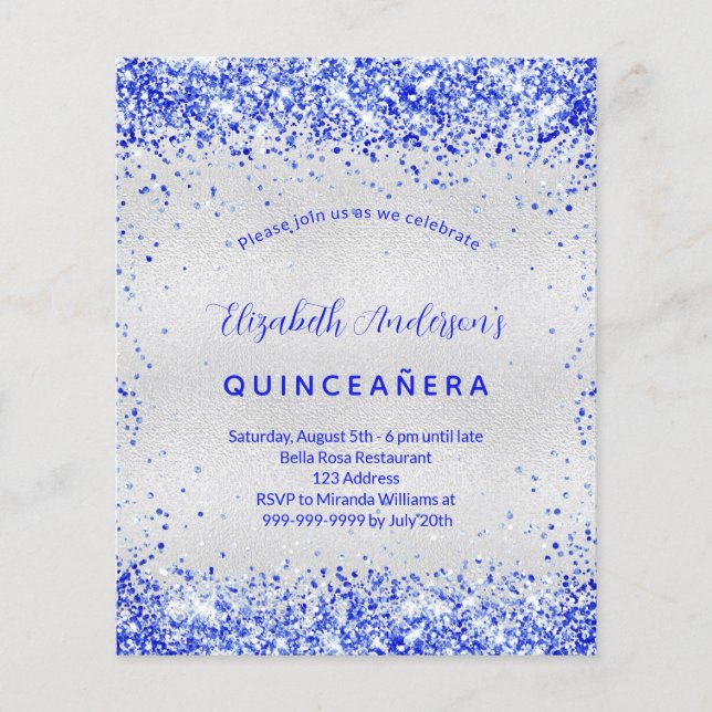 Quinceanera silver royal blue budget invitation flyer (Front)