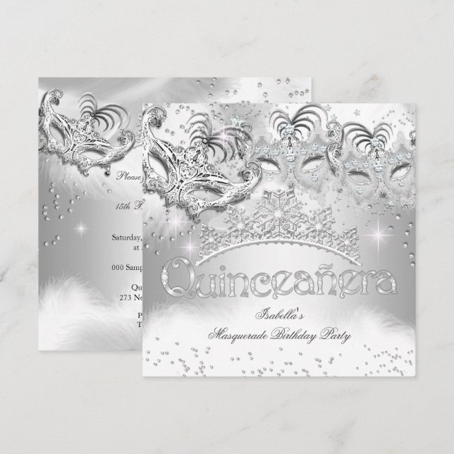Quinceanera Silver Sparkle Masquerade Party 2 Invitation (Front/Back)