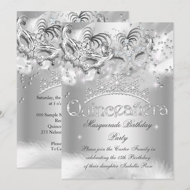 Quinceanera Silver Sparkle Masquerade Party Invitation (Front/Back)