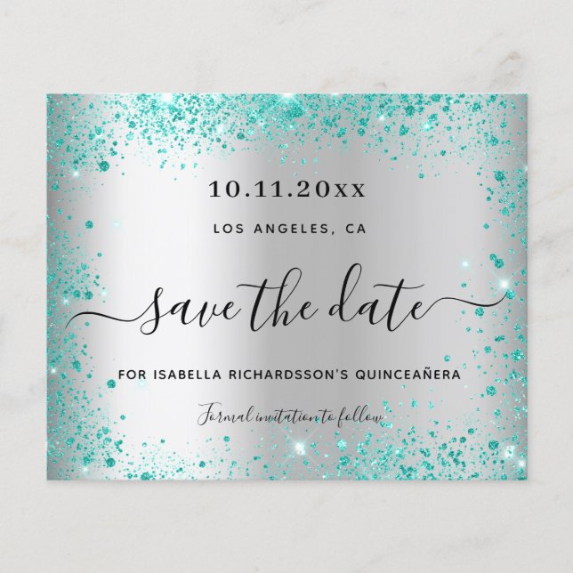 Quinceanera silver teal budget save the date flyer (Front)