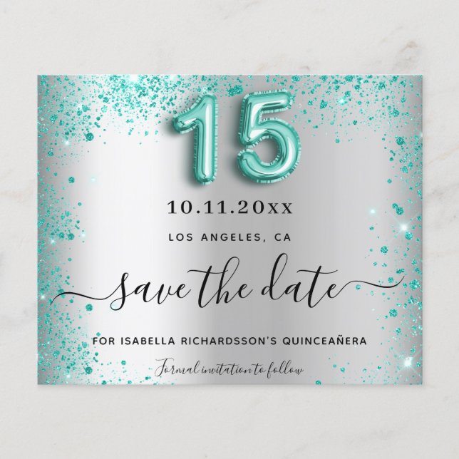 Quinceanera silver teal budget save the date flyer (Front)