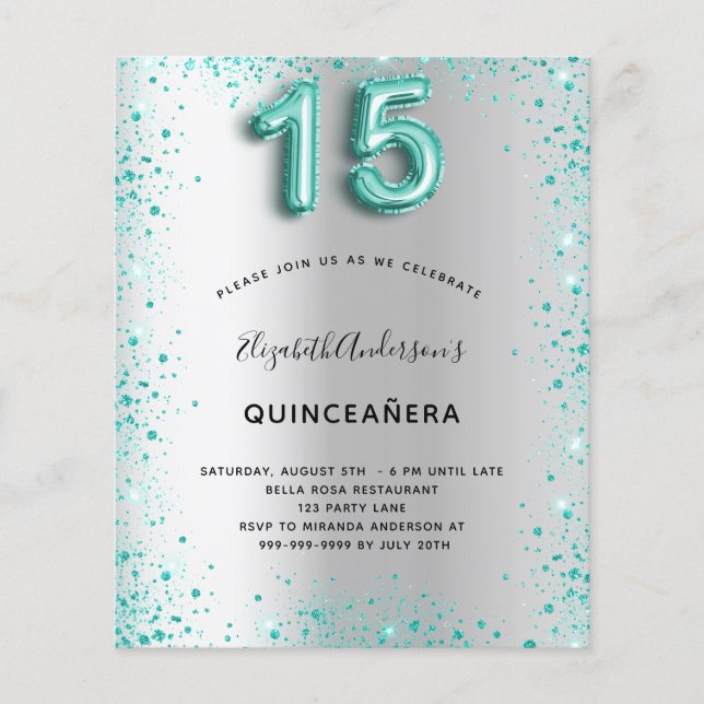 Quinceanera silver teal glitter budget invitation flyer (Front)
