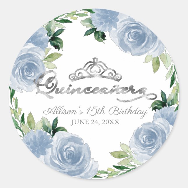 Quinceanera Silver Tiara Light Blue Floral Classic Round Sticker (Front)