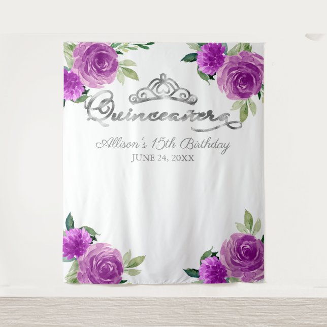 Quinceanera Silver Tiara Purple Floral Backdrop Tapestry (Front)