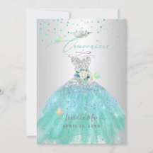 Quinceanera Silver Turquoise Glitter Gown