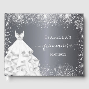 Quinceanera silver white dress glitter birthday guest book