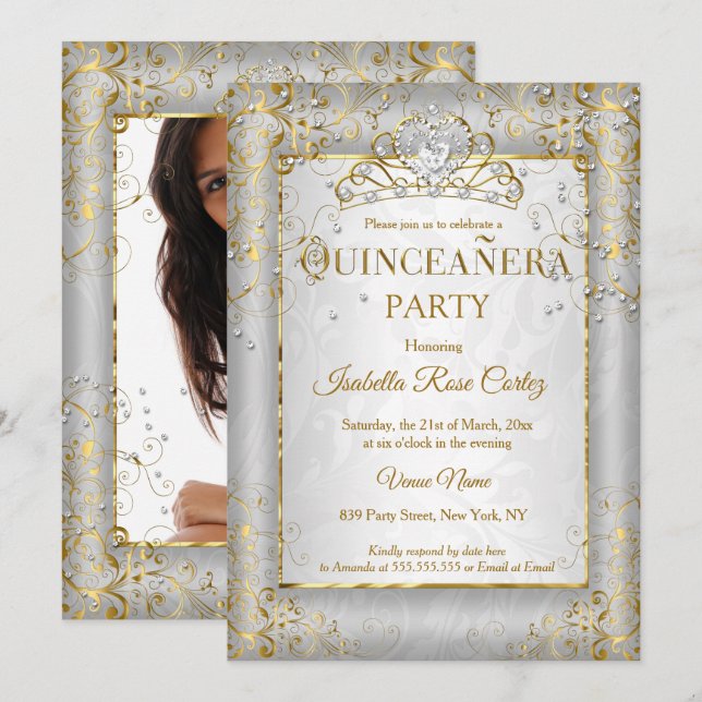 Quinceanera Silver White Gold Tiara photo party Invitation (Front/Back)
