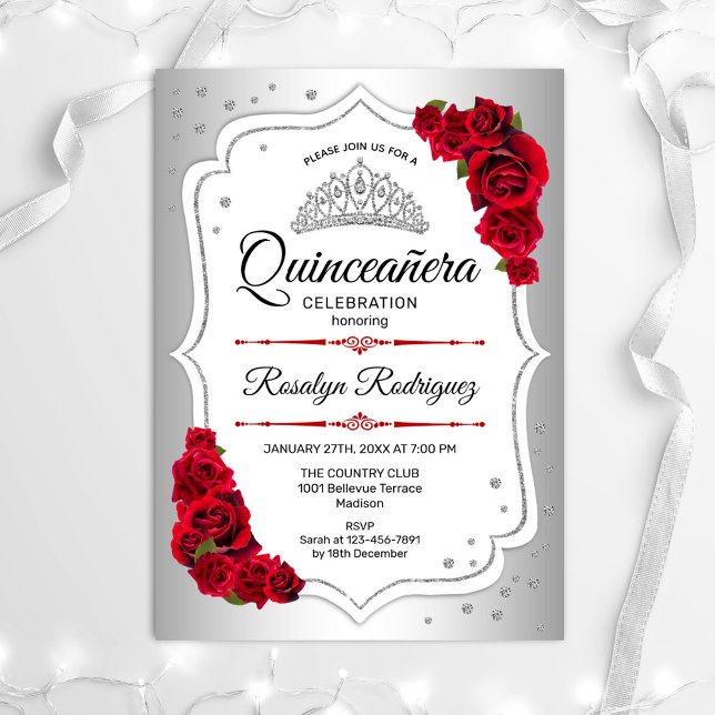 Quinceanera - Silver White Red Invitation (Creator Uploaded)