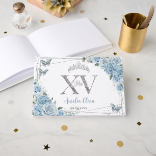 Quinceanera Silver XV Baby Blue Floral Butterflies Guest Book
