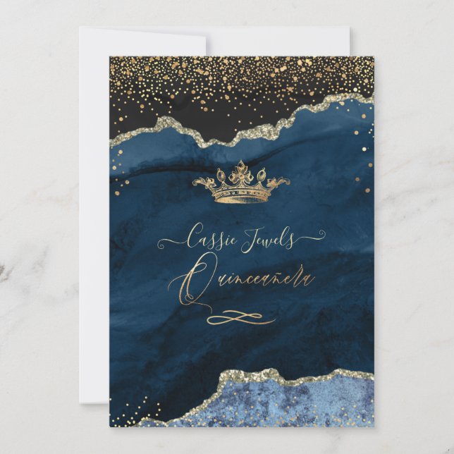Quinceanera Slate Blue Agate Faux Gold  Dust Invitation (Front)