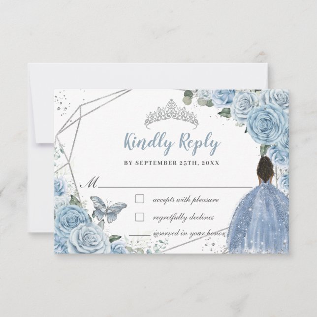 Quinceañera Soft Baby Blue Floral Brown Princess RSVP Card (Front)