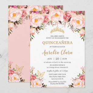 Quinceañera Soft Blush Floral Gold Tiara Butterfly Invitation