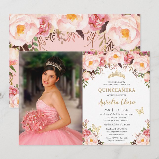 Quinceañera Soft Blush Floral Gold Tiara Butterfly Invitation (Front/Back)