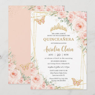 Quinceañera Soft Blush Floral Roses Butterflies Invitation