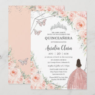 Quinceañera Soft Blush Floral Roses Silver Crown Invitation