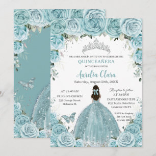 Quinceañera Soft Turquoise Floral Silver Crown Invitation