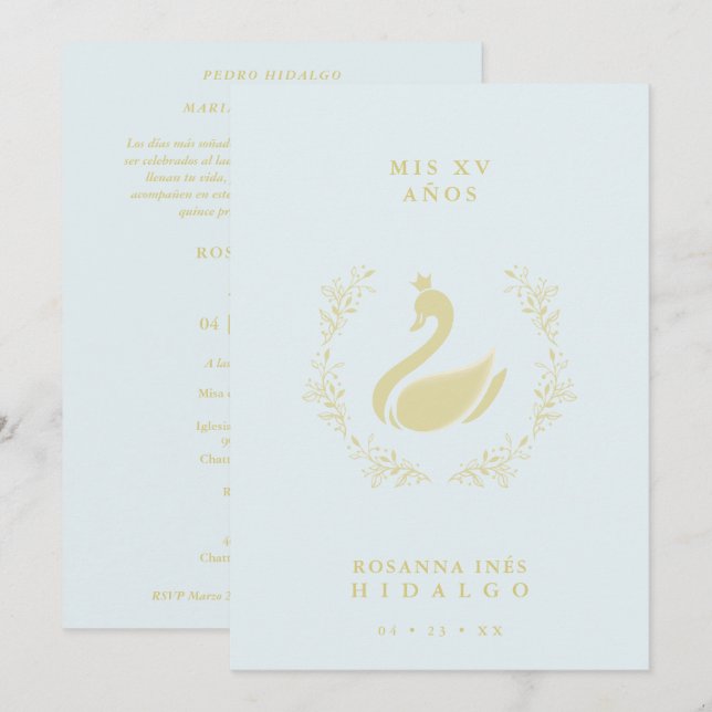 Quinceañera Spanish Blue & Gold Romantic Swan Invitation (Front/Back)