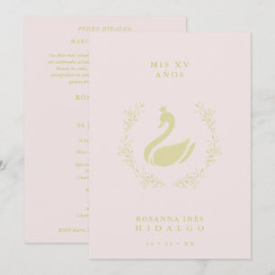 Quinceañera Spanish Pink & Gold Romantic Swan Invitation