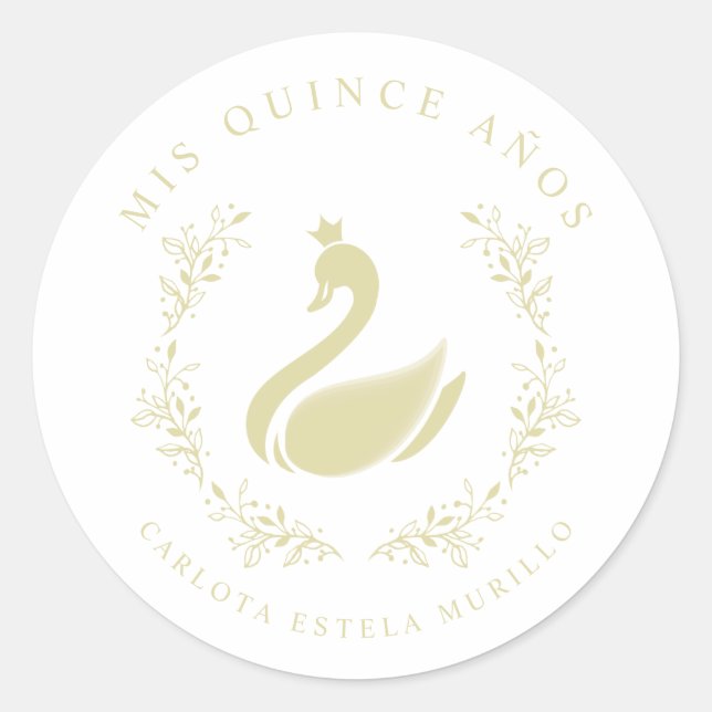 Quinceañera Spanish Yellow & Gold Romantic Swan Classic Round Sticker (Front)