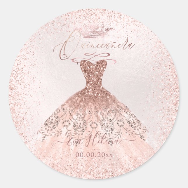 Quinceañera , Sparkle Gown, Faux Rose Gold Classic Round Sticker (Front)
