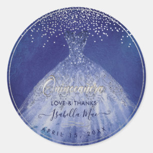 Quinceañera , Sparkle Gown, Navy Blue Classic Round Sticker
