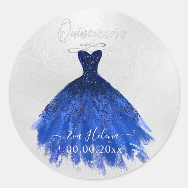 Quinceañera Sparkle Gown, Navy Blue Classic Round Sticker (Front)