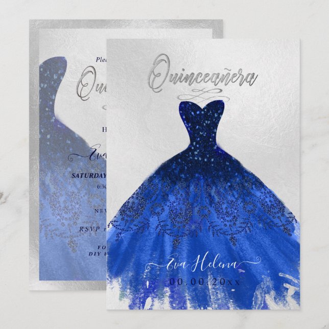 Quinceañera , Sparkle Gown, Navy Blue Invitation (Front/Back)