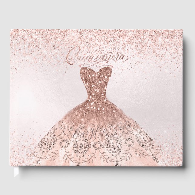 Quinceañera, Sparkle Gown, Rose Gold Guest Book (Front)