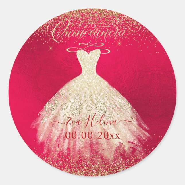 Quinceañera, Sparkle+Shimmering Gown, Faux Gold Classic Round Sticker (Front)