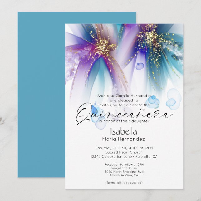 Quinceanera | Striking Teal Purple Abstract Invitation (Front/Back)