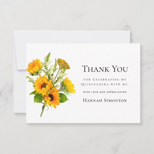 Quinceanera Sunflower Bouquet Personalized Thank You Card (Front)