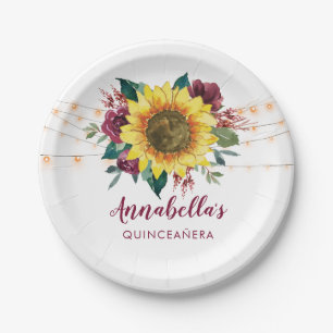 Quinceanera Sunflower Lights Floral Birthday Paper Plate
