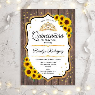 Quinceanera - Sunflowers Rustic Wood White Invitation