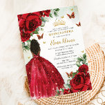Quinceañera Sweet 16 Red Roses Flowers Brown Girl Invitation<br><div class="desc">Personalize this boho chic vibrant red floral Quinceañera / Sweet 16 birthday invitation easily and quickly. Simply click the customize it further button to edit the texts, change fonts and fonts colours. Featuring bright red roses, butterflies and a girl dressed in a glittery red ball gown. Matching items available in...</div>