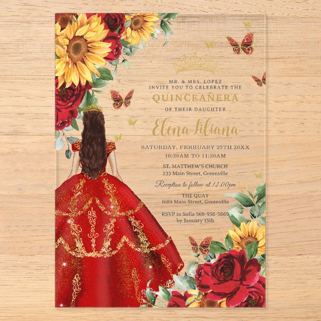Quinceañera Sweet 16 Red Roses Sunflowers Floral Acrylic Invitations (Front)
