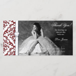 Quinceanera Sweet Sixteen Glitter Damask Thank You Card